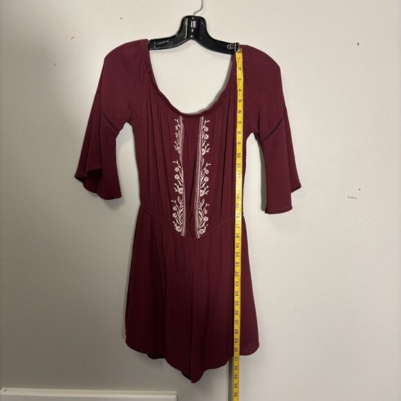 Maroon Love Fire Boho Romper With Embroidered Floral Design & Bell Sleeves - Picture 6 of 12